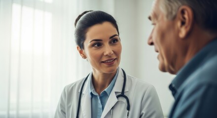 Fototapeta premium Attentive female doctor consults with elderly male patient, showing care and empathy during a medical appointment.