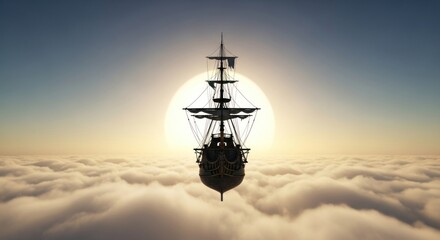 A majestic ship sailing through a sea of clouds with the sun shining brightly behind it in the sky