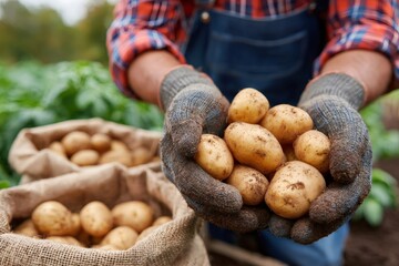 Farmer holding freshly harvested potatoes in field