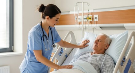 Obraz premium A nurse in scrubs gently comforts a senior patient lying in a hospital bed.