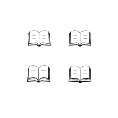 Four simple black and white line art icons of an open book