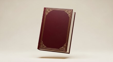 Elegant maroon hardcover book with ornate gold detailing, floating against a neutral background.