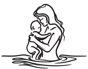 Mother and baby in water, sketch