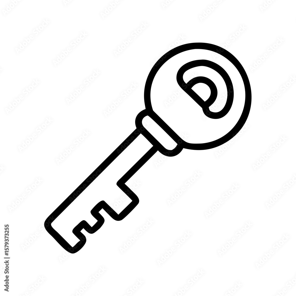 Poster a simple line drawing of a key with a circular head and a uniquely shaped bit on a white background