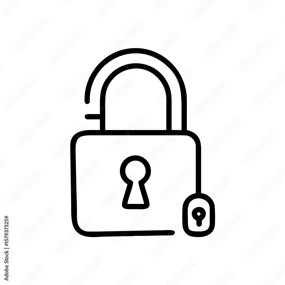 Poster open padlock icon with keyhole and detached key in a simple black outline style on a white backgroun
