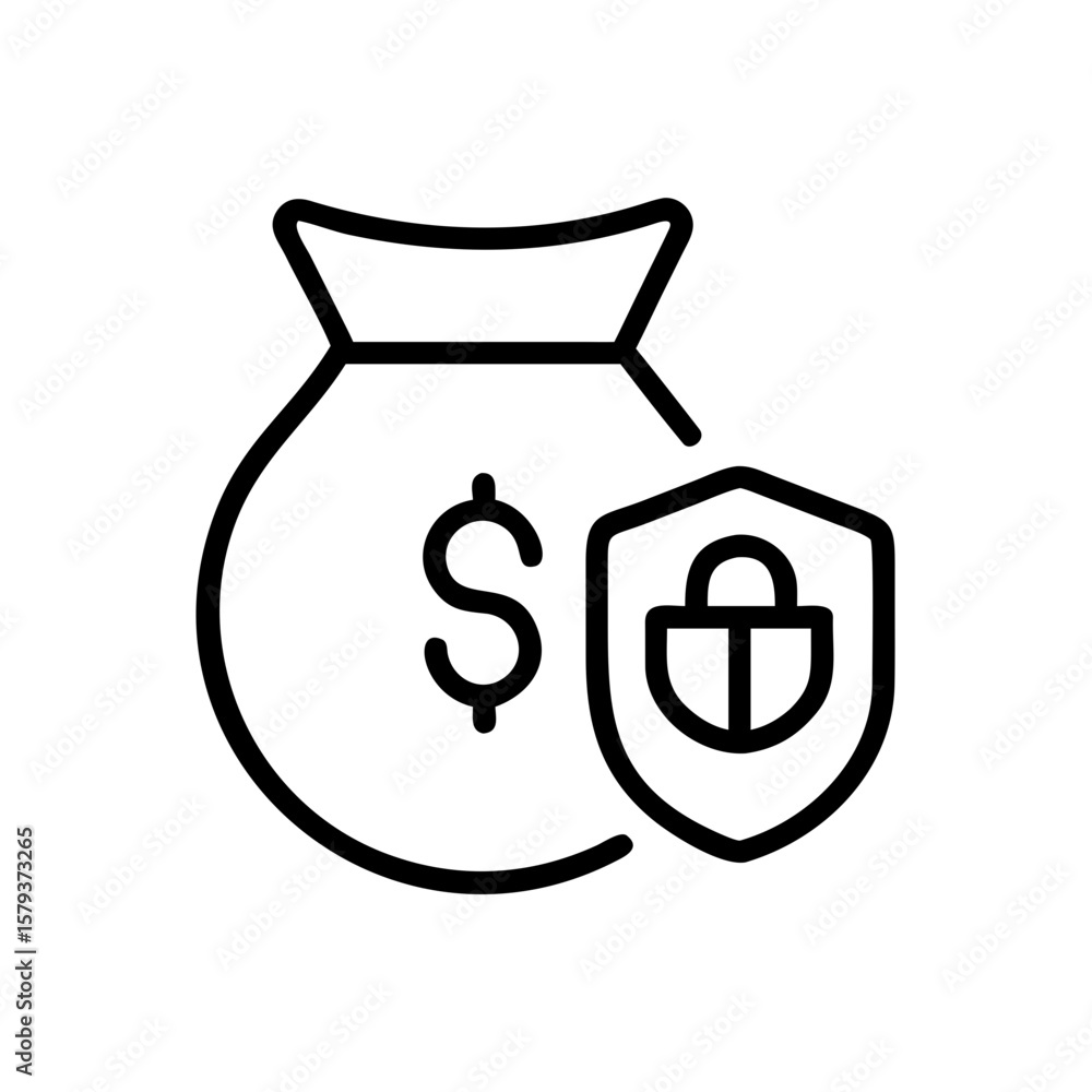 Poster a simple line drawing of a money bag with a dollar sign and a shield with a lock symbol next to it
