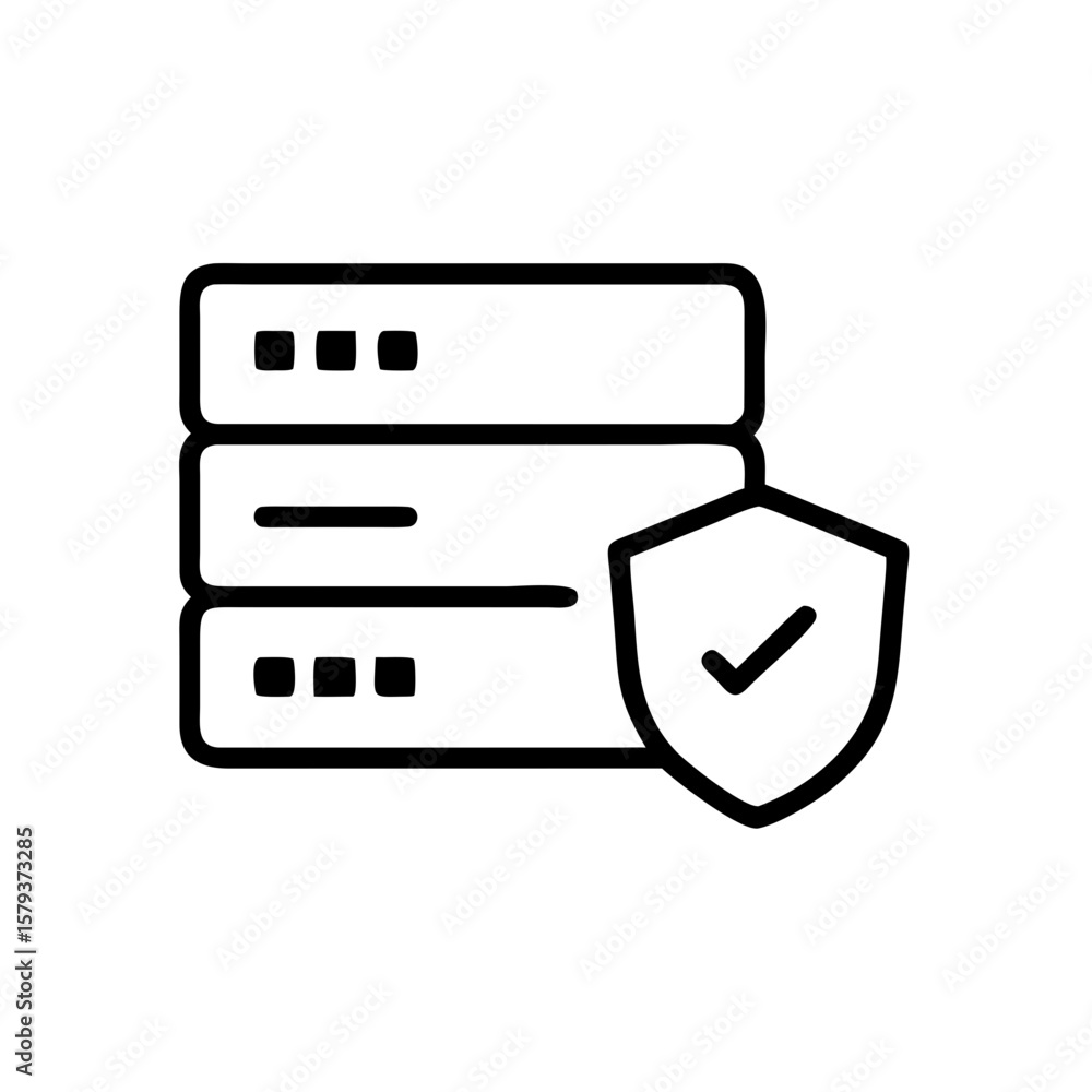 Poster illustration of a server rack with three tiers and a shield with a check mark indicating security me