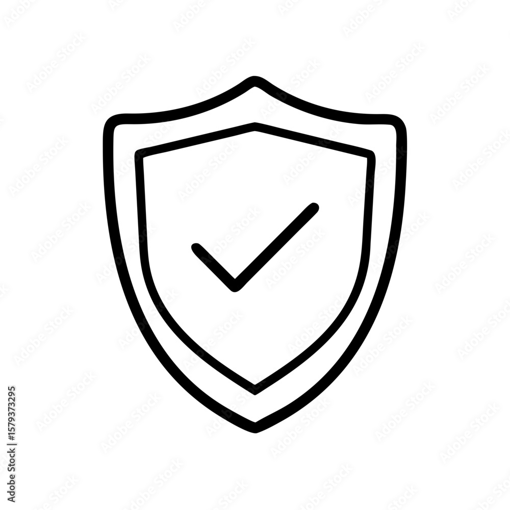 Poster a simple line drawing of a shield shape with a checkmark inside indicating security and protection