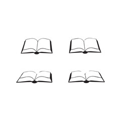Four simple black line art drawings of an open book on a white background