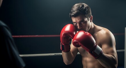 Powerful Boxer in Defensive Stance, Red Gloves Raised, Intense Gaze, Dark Boxing Ring Background, Muscles Tensed, Ready to Fight