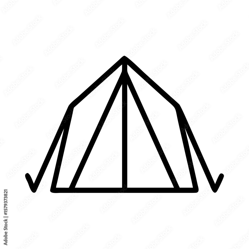 Poster simple line drawing of a camping tent with triangular shape and visible support poles on a white bac