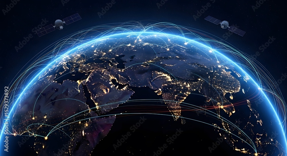 Poster illuminated earth global communication network satellites orbiting connecting continents data stream