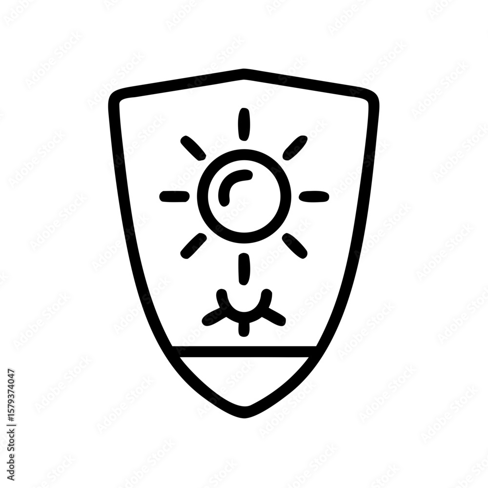 Poster shield icon with sun and abstract element representing protection and security in a simple line art 