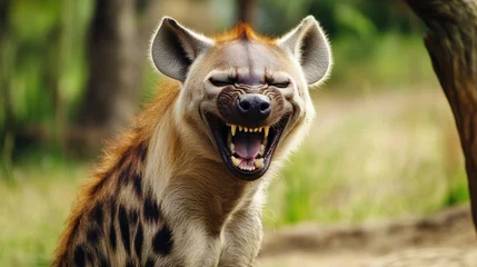  A spotted hyena with an open mouth, appearing to laugh. © Chotijah
