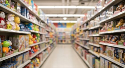Blurred Perspective of a Toy Store Aisle, Displaying Colorful Toys and Products on Shelves
