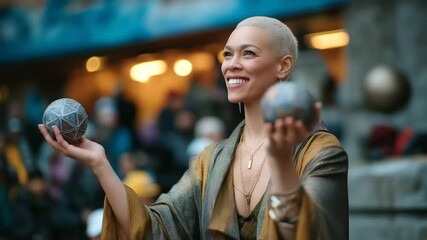 A performer juggling in a lively street with a vibrant crowd