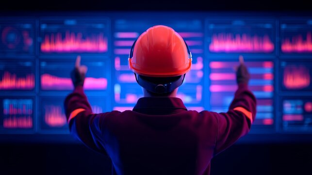 High-tech control room industrial worker analyzing data trends for operations management