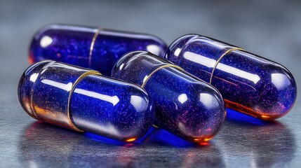Close-up of several vibrant blue and purple capsules