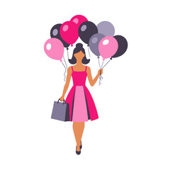 Elegant Woman with Balloons and Shopping Bag-Celebrating a Special Day-Fashionable Cartoon Illustration-Girl in Pink Dress-Joyful Occasion Graphic