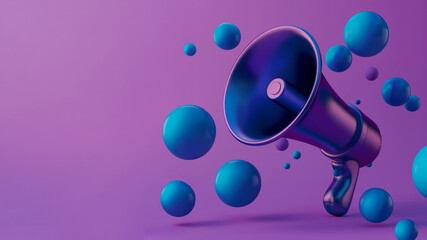 3D megaphone with floating bubbles on purple background. Digital communication concept.
