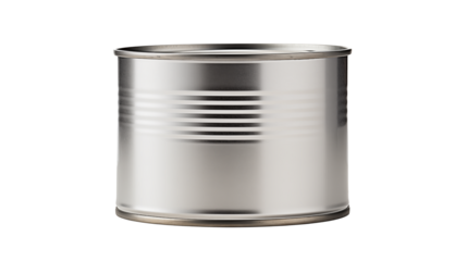 Silver metal food can presents an uncooked ingredient or prepared meal for consumer use.