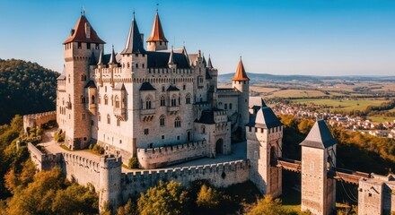 Naklejka premium A majestic medieval castle, nestled amidst rolling hills, viewed from a high vantage point.