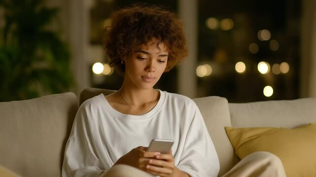 A young woman predicting future with a phone in a cozy living room