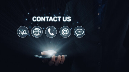UI concept for contact us section showing icons for email, web, phone, and message. Contact and...