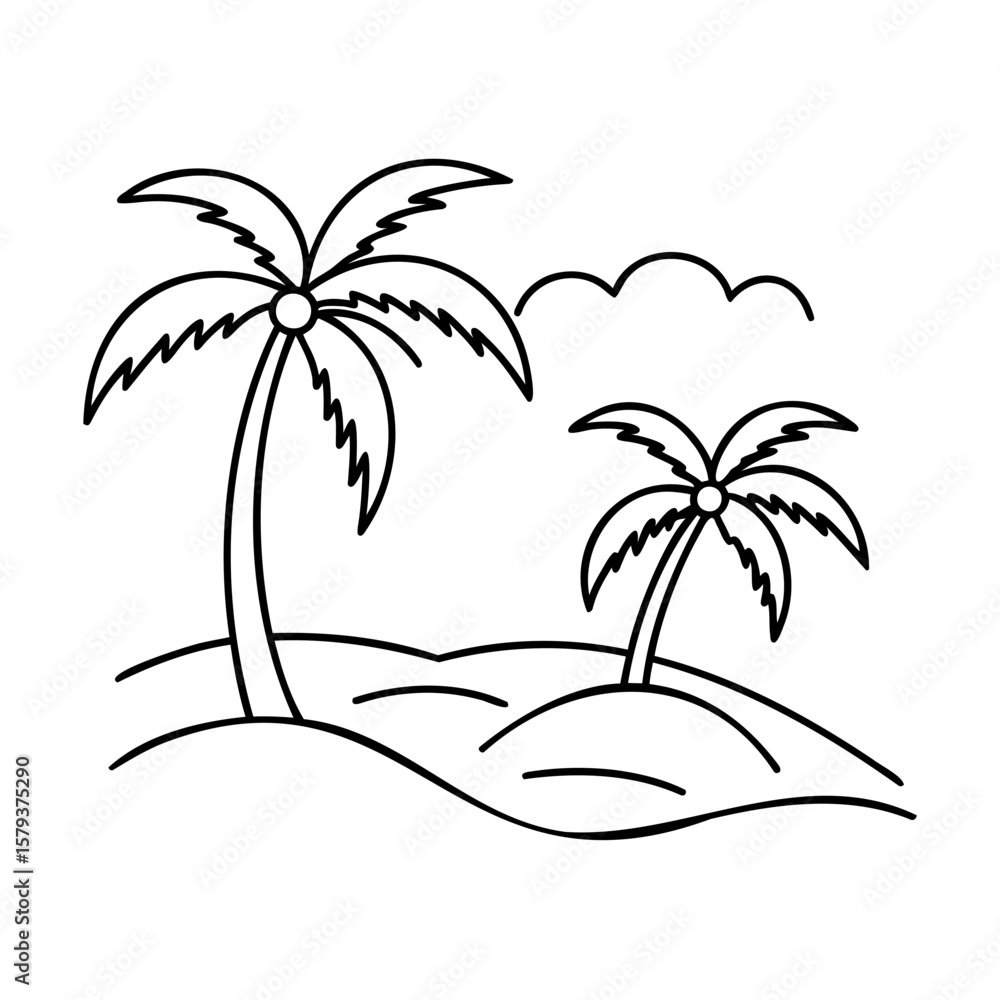 Poster two palm trees on a sandy beach with a cloud element vector