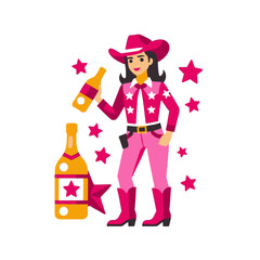 Cowgirl Celebrating With Champagne-Illustrated Woman in Pink Outfit with Star Accents-Festive Cowgirl Illustration for Celebrations