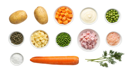 Potato salad recipe ingredients fresh vegetables and mayonnaise for cooking delicious salad dish on transparent background