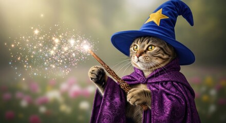 Obraz premium A tabby cat dressed as a wizard with a blue hat and purple robe casting a spell with a wand outdoors