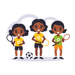 Cute Cartoon Girls Playing Sports-Tennis and Soccer-Happy Children-Active Lifestyle-Vector Illustration for Kids and Fun Activities