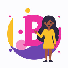 Cute Cartoon Girl with Letter B Background-Colorful Character Illustration for Kids-Animated Design for Learning-Playful Graphics for Children-Educational Image for Kids