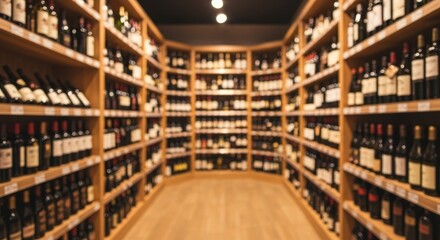 Fototapeta premium Interior View Wine Shop, Bottles on Shelves, Wooden Storage, Blurred Background, Alcohol, Retail
