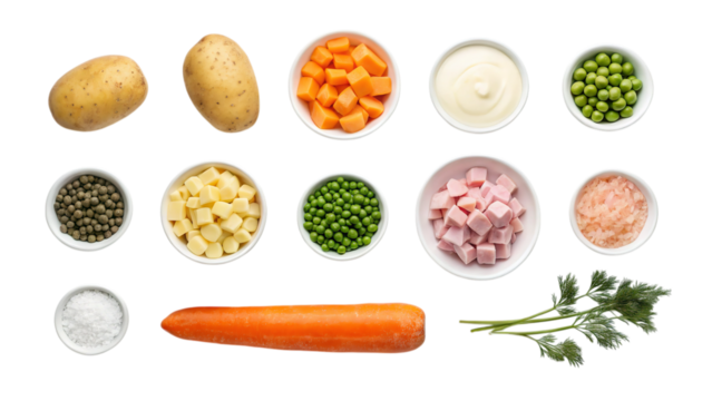 Potato salad recipe ingredients fresh vegetables and mayonnaise for cooking delicious salad dish on transparent background