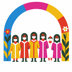 Diverse Group of Women Wearing Masks Under Rainbow-Symbol of Hope-Unity and Protection During Pandemic-Community Support-Public Health-Strong Together