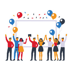 Diverse Team Celebrating Success with Balloons and Confetti-Business Achievement-Group Celebration-Happy Employees-Vector Illustration-Office Party