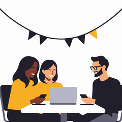 Diverse Team Collaboration-Friends Using Laptop and Phones-Celebrating Success with Modern Technology-Happy People Working Together-Illustrative Design of Teamwork