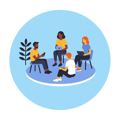 Diverse Team Meeting Illustration- Group of People Collaborating on Laptops and Phones- Business Teamwork and Communication Concept- Creative Workspace Design