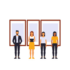 Diverse Team in an Art Gallery Setting - Business Professionals Presenting Ideas-Vector Illustration of Collaboration and Creativity in an Artistic Environment