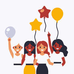 Diverse Women Celebrating with Balloons-Girl Power Illustration-Friends Having Fun Together-Empowerment and Unity Image-Happy Female Cartoon Characters