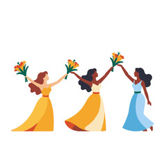 Diverse Women Celebrating with Flowers-Empowering Female Friendship-Symbol of Unity and Joy-Beautiful Illustration for Women's Day