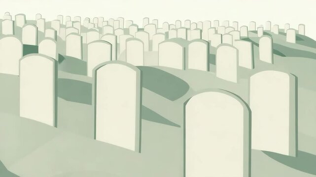 Abstract cemetery with numerous gravestones in soft green tones  