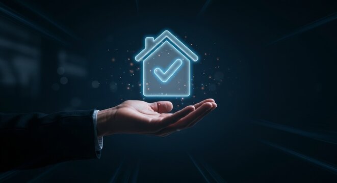 Hand Holding Illuminated House Icon with Checkmark, Representing Approved Housing or Real Estate - Powered by Adobe