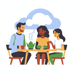 Fototapeta premium Friends Enjoying Tea Together-Diverse Group at Cafe-Relaxing with Hot Drinks-Casual Conversation and Friendship-Happy People Chatting Over Tea Pot