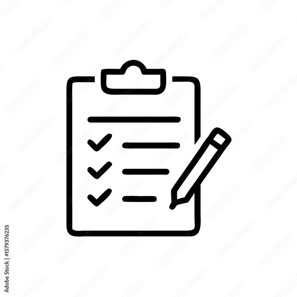 Poster a clipboard with check marks and horizontal lines next to a pencil in a minimalist black and white s
