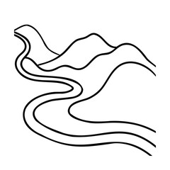 Line art a winding river flowing past mountain peaks on mountains landscape