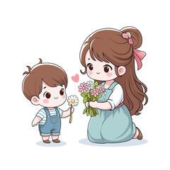 Cute Mom Giving Flower to Her Son – Adorable Mother and Child Illustration