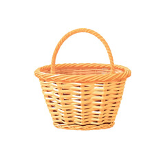 Woven wicker basket with a sturdy handle isolated on a white background